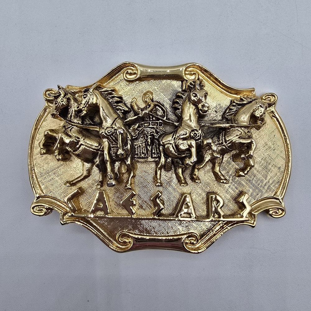 Caesars Palace Belt Buckle Gold Tone Metal 3D Chariot 4 Horses - Picture 3 of 7